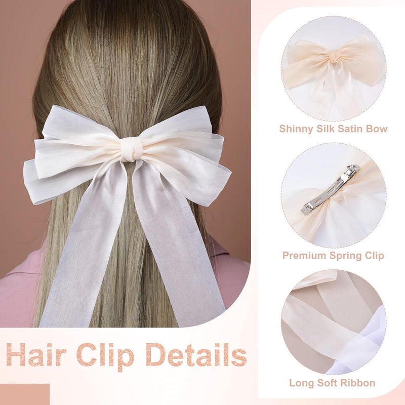 STSTR 2Pcs Large Hair Bow Clips, Beige Silk Yarn Ribbon Bow Hair Barrette for Women, Elegant Long Tail Bowknot French Accessories for Wedding, Parties, Festivals - Style 2 - Image 4